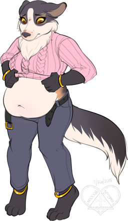4_toes 5_fingers anklet anthro belly belt black_eyebrows black_nose bottomwear bracelet breasts brown_eyes clothed clothing deep_navel eyebrows feet female fingers fur grey_body grey_fur jewelry multicolored_body multicolored_fur navel neck_tuft nervous overweight overweight_anthro overweight_female pants shirt simple_background solo standing tail toes topwear tuft white_background kittydee mxxxiii canid canine canis domestic_dog mammal 2018 hi_res