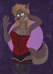 brown_body brown_fur clothing corset female fur gesture green_eyes legwear lingerie panties stockings topwear underwear waving tabbiewolf canid canine canis mammal wolf