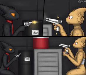 4_fingers ambiguous_gender angry anthro bandage bandaged_chest bandages_only barrel biped black_body black_fur box brass colt_cobra_(gun) container countershade_fur countershading crate detailed_background duo explosives fingers fur gameplay_mechanics glowing glowing_eyes gun gunfight handgun handpaw holding_object holding_ranged_weapon holding_weapon humor magazine_(gun) male mostly_nude movie_reference muzzle_flash orange_body orange_fur orange_sclera pawpads paws pink_pawpads pistol pupils ranged_weapon red_eyes red_scarf reloading revolver scarf scarf_only semi-automatic shooting shootout sign sitting slit_pupils snout standing taking_cover text tile tile_wall wall_(structure) weapon white_sclera yellow_body yellow_fur ekspie-a01 casualties:_unknown colt's_manufacturing_company gunsaw the_naked_gun canid canine expie_(gunsawian) fox gunsawian hybrid mammal murid murine orange_(gunsawian) rat rodent 2026 artist_name digital_drawing_(artwork) digital_media_(artwork) hi_res meme shaded signature watermark herm_(lore)