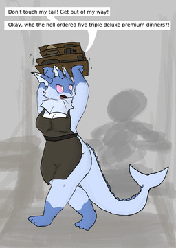 3_fingers 3_toes anthro anthrofied apron blue_body blue_nose breasts clothing dialogue feet female fingers food looking_back medium_breasts nude open_mouth pink_eyes pokemorph simple_background solo speech_bubble text toes tongue rustbuuket that nintendo pokemon eeveelution generation_1_pokemon pokemon_(species) vaporeon 2025 absurd_res english_text hi_res