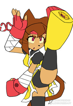 anthro brown_body brown_fur brown_hair clothed clothing female fur gloves hair handwear magenta_eyes one_leg_up raised_leg simple_background solo tail text white_background alexiscreed02 gameoverse glitch_productions kit_bodega domestic_cat felid feline felis mammal artist_name hi_res