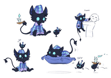 3_fingers 3_toes anthro barefoot beak beak_closed biped black_beak black_body black_fur black_tail black_tail_tuft blue_clothing blue_eyes blue_hat blue_headwear blue_pajamas blue_topwear blush bottomless bottomless_anthro bottomless_male candle candlestick carrying_another claws clothed clothed_anthro clothed_male clothing duo feet fingers fur happy hat headgear headwear hindpaw holding_candle holding_object holding_with_tail levitation male male_anthro mouth_closed nightcap open_clothing open_topwear pajamas pattern_clothing pattern_hat pattern_headgear pattern_headwear pattern_topwear paws pillow purple_inner_ear reaching_out semi-anthro simple_background sitting sleepwear soles tail tail_tuft text toe_claws toes topwear tuft underarm_carry white_background young young_anthro young_male squoonsquoon deadlock_(game) mythology valve lil_helper_(deadlock) rem_(deadlock) avian chimera dream_creature gryphon human mammal mythological_avian mythological_creature 2026 english_description english_text hi_res multiple_images