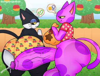 anthro balls bells_(animal_crossing) big_balls big_butt big_penis black_body black_fur bodily_fluids bottomless bottomless_anthro bottomless_male butt clothed clothing duo eyewear featureless_hands floral_pattern food_print fur genital_fluids genitals glasses gloves_(marking) half-closed_eyes huge_balls huge_penis humanoid_genitalia humanoid_penis imminent_sex leaking_precum looking_back male male/male markings mouth_closed narrowed_eyes outside pattern_clothing pattern_shirt pattern_topwear pattern_underwear penis pink_clothing pink_shirt pink_topwear precum prostitution purple_body purple_fur question_mark rear_view round_glasses shirt shirt_only side_view smile spots spotted_balls spotted_body spotted_fur spotted_genitalia spotted_markings spotted_penis spotted_tail tail tail_markings thick_thighs topless topless_anthro topless_male topwear topwear_only underwear underwear_only vein veiny_penis whiskers white_markings yellow_clothing yellow_underwear pingpongballzie animal_crossing nintendo bob_(animal_crossing) punchy_(animal_crossing) domestic_cat felid feline felis mammal 2026 digital_drawing_(artwork) digital_media_(artwork) english_description