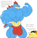 abs anthro anthrofied bedroom_eyes big_muscles clothing duo flexing grin huge_muscles male muscle_worship muscular narrowed_eyes pecs seductive smile speedo swimwear text bughemoth luigiman nintendo pokemon feraligatr generation_2_pokemon pokemon_(species) typhlosion english_text