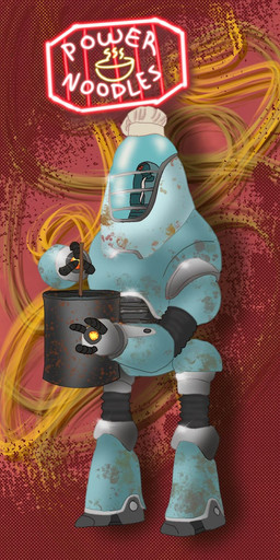 abstract_background ambiguous_gender blue_body chef_hat clothing cooking cutlery hat headgear headwear holding_spoon kitchen_utensils machine metallic_body neon_sign not_furry rust sign solo spoon standing text tools wearing_hat violetfridays fallout microsoft takahashi_(fallout) humanoid protectron_(fallout) robot english_text hi_res