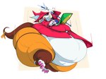 anthro armor belly big_belly clothing female headgear helmet huge_belly hyper hyper_belly melee_weapon morbidly_obese obese overweight polearm red_clothing simple_background solo spear thick_thighs weapon boot_(artist) final_fantasy final_fantasy_ix square_enix freya_crescent burmecian mammal rodent 2025