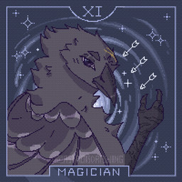abstract_background anthro arrow_(weapon) beak black_body card card_template feathered_wings feathers looking_at_viewer magic_arrow magic_user major_arcana male neck_tuft purple_eyes ranged_weapon scar solo star tarot tarot_card text the_magician_(tarot) tuft weapon wings yellow_scar froja_blake damien_olivaw avian bird corvid corvus_(genus) oscine passerine raven 1:1 animated digital_media_(artwork) english_text icon pixel_(artwork) portrait signature