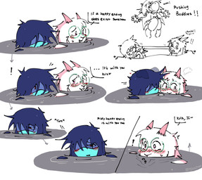 ambiguous_gender anthro bathing bathing_together blue_hair blush cuddling duo embarrassed eyewear flirting glasses hair horn male mostly_submerged text water blookndied deltarune undertale_(series) kris_dreemurr ralsei bovid caprine goat human mammal english_text hi_res