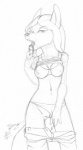 anthro bottomwear bottomwear_down bra candy clothed clothing clothing_aside dessert fangs female food fur genitals hair licorice looking_at_viewer open_mouth panties panties_aside pants pants_down partially_clothed pussy raised_clothing raised_shirt raised_topwear seductive shirt simple_background skimpy solo tail teeth topwear underwear underwear_aside undressing os canid canine canis jackal mammal 2012 hi_res monochrome sketch