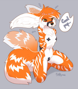 anthro bdsm biped breasts countershade_torso countershading female front_view fur hair inner_ear_fluff kneeling looking_at_viewer navel nude nude_anthro nude_female pasties pet_praise petplay praise roleplay simple_background solo stripes tail text tuft ketty canid canine fox mammal 2026 digital_drawing_(artwork) digital_media_(artwork) english_text hi_res