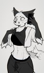 anthro cellphone cheek_piercing clothed clothing dimple_piercing electronics facial_piercing female fully_clothed fur gloves_(marking) head_tuft holding_cellphone holding_object holding_phone inner_ear_fluff markings midriff phone piercing simple_background solo tuft falvie the_fox_(falvie) canid canine fox mammal 2024 absurd_res digital_media_(artwork) hi_res monochrome