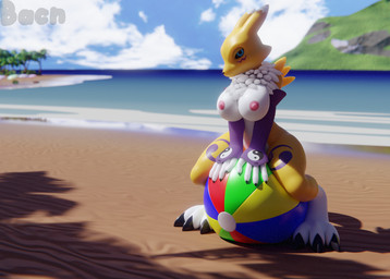 anthro areola ball beach_ball beacn big_breasts biped breasts detailed_background female fingers fur inflatable looking_at_viewer nipples nude outside public public_nudity sitting sitting_on_ball sky solo straddling white_body white_fur bacn bandai_namco digimon canid digimon_(species) mammal renamon 2019 3d_(artwork) digital_media_(artwork)