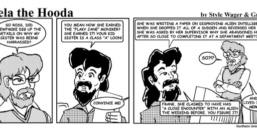 anthro beard clothed clothed_male clothing computer dialogue duo electronics eyewear facial_hair glasses hair human_only male not_furry paper text style_wager dela_the_hooda frank_dunn ross_(dela_the_hooda) human mammal 2004 comic english_text greyscale monochrome