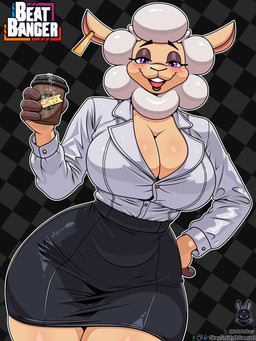 anthro beverage big_breasts blush bottomwear breasts cleavage clothed clothing coffee collared_shirt dress_shirt ear_piercing ear_ring eyeshadow female fur hand_on_hip lipstick makeup mature_female milk miniskirt navel_outline office_clothing piercing purple_eyes ring_piercing shirt skirt smile solo thick_thighs tight_clothing topwear white_body white_fur wool_(fur) skay_smidyth_samuel beat_banger bunfan_games dawna_mabel bovid caprine mammal sheep 3:4 absurd_res hi_res