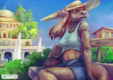 anthro backpack boat bottomwear clothed clothing female flower hair hat headgear headwear landscape outside plant red_hair shorts sitting solo tree vehicle watercraft archaeotter mammal mustelid otter absurd_res hi_res