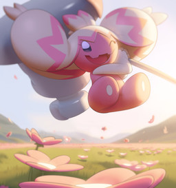 ambiguous_gender chibi feral flower grass hammer jumping light looking_at_viewer on_model one_eye_closed open_mouth outside pink_body plant smile solo sunlight tools wink inkune nintendo pokemon generation_9_pokemon humanoid pokemon_(species) tinkaton 2023 hi_res