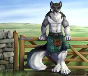anthro bottomwear clothed clothed_anthro clothed_male clothing day ear_piercing ear_ring fence kilt leaning_on_fence male outside piercing ring_piercing solo sporran tail text jonas-puppeh awkore canid canine canis mammal wolf url