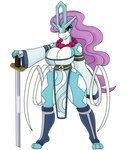 anthro armwear big_breasts blue_body blue_clothing breasts clothing collar female gem generation_2_pokemon hair hi_res huge_breasts jewelry legendary_pokemon legwear melee_weapon necklace nintendo pearl_(gem) pearl_necklace pokeball pokemon pokemon_(species) purple_hair red_eyes simple_background solo suicune sword urusee584 weapon white_background