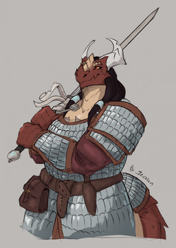 anthro armor black_hair breasts clothed clothing dreadlocks female female_anthro front_view hair holding_melee_weapon holding_object holding_sword holding_weapon horn looking_aside melee_weapon mouth_closed non-mammal_breasts red_body red_eyes red_tail solo standing sword tail tan_body tan_tail weapon white_horn yellow_eyes jezzlen mythology dragon mythological_creature mythological_scalie scalie half-length_portrait hi_res portrait signature