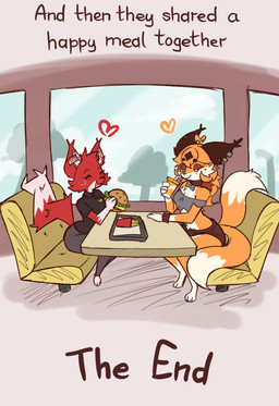 anthro bottomwear burger clothed clothing duo female food fur orange_body orange_fur red_body red_fur text topwear white_body white_fur jasminthemanticore courtney_(jasminthemanticore) lisa_(jasminthemanticore) canid canine fox mammal red_fox true_fox 2026 absurd_res english_text hi_res