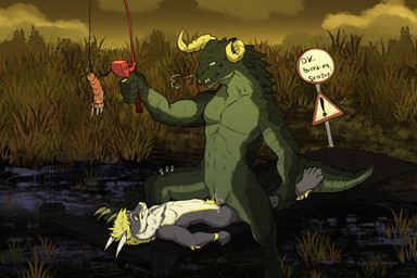 anthro athletic athletic_anthro athletic_male bodily_fluids clenched_teeth cowgirl_position dildo distracted distracted_sex dominant dominant_female duo erection featureless_chest feet female female_penetrated fingers fishing fishing_rod from_front_position genital_fluids genitals holding_fishing_rod holding_leg holding_object horn larger_female lying male male/female male_penetrating male_penetrating_female nude on_back on_bottom on_top outside penetration penile penile_penetration penis plant sex sex_toy size_difference smaller_female smile submissive submissive_male swamp tail teeth text toes vaginal vaginal_penetration vulva water zafara_(artist) fallout microsoft mythology deathclaw dragon mammal mythological_creature mythological_scalie scalie digital_media_(artwork) english_text hi_res