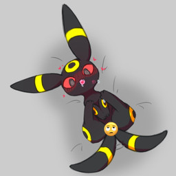 ambiguous_gender black_body blush blush_lines bodily_fluids drooling emoji_censorship feral heart_symbol lying markings on_back open_mouth paws red_eyes ring_(marking) saliva solo spiral spiral_eyes tail tail_motion tailwag teeth astella1204 nintendo pokemon eeveelution generation_2_pokemon pokemon_(species) umbreon 1:1 2025 signature