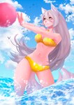 accessory ball beach beach_ball big_breasts bikini blush breasts cleavage clothed clothing costume detailed_background female fur grey_hair hair inflatable long_hair navel outside partially_submerged pattern_bikini pattern_clothing pattern_swimwear sea seaside sky smile solo spots spotted_bikini spotted_clothing spotted_swimwear summer swimwear two-piece_swimsuit water yellow_eyes amonir narikusha twokinds raine_silverlock animal_humanoid avian bird canid canid_humanoid canine canine_humanoid humanoid mammal mammal_humanoid wolf_humanoid digital_media_(artwork) hi_res