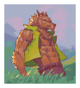 abs amber_sclera anthro arm_tuft border bottomwear brown_body brown_fur clothed clothed_anthro clothed_male clothing elbow_tuft fangs front_view fully_clothed fully_clothed_anthro fully_clothed_male fur furrowed_eyebrows glass green_clothing green_jacket green_topwear jacket looking_aside male mouth_closed muscular muscular_anthro muscular_male open_clothing open_jacket open_topwear outside overbite pose pupils purple_bottomwear purple_clothing sleeveless_jacket solo teeth topwear torn_jacket tuft underbite whiskers white_border yellow_eyes kingarthur_i canid mammal 2023 digital_drawing_(artwork) digital_media_(artwork) hi_res portrait three-quarter_portrait