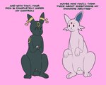 animal_genitalia annoyed balls chastity_cage chastity_device dialogue duo feral genitals key male sheath sitting text onesaucydragon nintendo pokemon eeveelution espeon generation_2_pokemon pokemon_(species) umbreon 5:4 absurd_res english_text hi_res