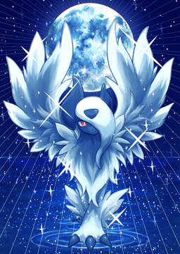 ambiguous_gender claws cosmic_background feathered_wings feathers feral fur horn looking_at_viewer moon one_eye_obstructed red_eyes solo sparkles star starry_background white_body white_feathers white_fur wings 7_phi_3 nintendo pokemon generation_6_pokemon mega_absol mega_evolution pokemon_(species) 2025 absurd_res hi_res