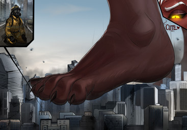 5_toes anthro barefoot building city claws feet firefighter foot_focus humanoid_feet incoming macro male micro plantigrade soles solo stomping toes 1-bobu zeryn_(1-bobu) demon imp 2025 hi_res