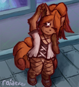 alternative_fashion bottomless clothed clothing crotch_tuft eyelashes featureless_crotch female feral fishnet_clothing fishnet_legwear footwear goth hair legwear multi_tail one_eye_closed orange_body orange_hair paws pointy_ears ponytail raised_arm sandals semi-anthro shoes solo standing star_eyes tail topwear topwear_only tuft wink raidev miitopia nintendo pokemon veil_(raidev) generation_1_pokemon pokemon_(species) vulpix hi_res