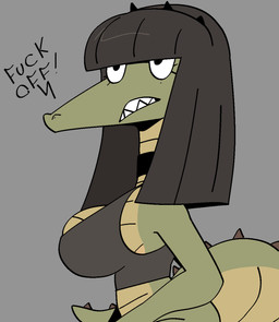 anthro bangs bottomless bottomless_anthro bottomless_female breasts clothed clothed_anthro clothed_female clothing countershading crop_top dialogue eyelashes female female_anthro green_body green_skin hair non-mammal_breasts profanity sharp_teeth shirt side_view simple_background sleeveless_clothing sleeveless_shirt solo tail teeth text topwear white_sclera xarop77 alligator alligatorid crocodilian reptile scalie english_text half-length_portrait hi_res portrait