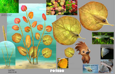 ambiguous_gender brown_eyes gradient_body green_body multicolored_body orange_body pink_body red_body semi-anthro solo text two_tone_body underwater water yellow_body unknown_artist swapped_(movie) ollie_(swapped) aquatic fish leaf_fish pookoo 2022 concept_art dated english_text hi_res official_art species_name