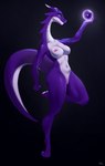 anthro big_breasts biped black_background breasts countershade_neck countershade_torso countershading female genitals glowing_orb holding_object holding_orb long_neck looking_away navel nipples nude purple_body purple_scales scales simple_background smile solo tail white_body white_countershading sackrany mythology dragon mammal mythological_creature mythological_scalie scalie digital_media_(artwork) full-length_portrait hi_res portrait