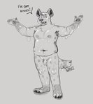 anthro armpit_hair armpit_tuft balls bodily_fluids body_hair claws flaccid genitals glistening glistening_body handpaw love_handles male moobs navel overweight overweight_male paws penis saliva saliva_covered simple_background slightly_chubby solo spots standing tail text toe_claws spyz_(artist) ethan_(spyz) hyena mammal spotted_hyena 2025 english_text monochrome
