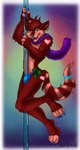 anthro blue_bottomwear blue_claws blue_clothing bottomwear bulge cheek_tuft claws clothed clothing dancing ear_piercing ear_ring facial_tuft fur glistening glistening_eyes green_eyes head_tuft looking_at_viewer male markings narrowed_eyes piercing pole pole_dancing purple_scarf red_body red_fur ring_piercing scarf skimpy solo striped_markings striped_tail stripes tail tail_markings tuft whiskers yaoifairy hi_res