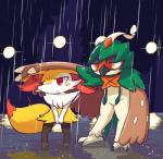 anthro duo raining block_(artist) nintendo pokemon braixen decidueye generation_6_pokemon generation_7_pokemon pokemon_(species) 2017