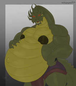 anthro belly big_belly glowing glowing_eyes green_body hand_on_belly huge_belly hyper hyper_belly hyper_pregnancy male muscular muscular_male nipples pregnant pregnant_anthro pregnant_male puffy_nipples red_eyes solo yellow_body smokeygraypaws jackie_chan_adventures mythology shendu dragon eastern_dragon mythological_creature mythological_scalie reptile scalie 2024 hi_res