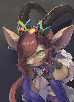 anthro brown_body brown_fur classy clothing collarbone crop_top ear_piercing ear_ring femboy frilly frilly_clothing fur gradient_background green_eyes grey_background hair hair_over_eye hoof_hands horn horn_jewelry inner_ear_fluff jewelry looking_at_viewer male midriff multicolored_body multicolored_fur navel piercing ponytail purple_clothing raised_hand red_hair ring_piercing shirt simple_background smile solo topwear tuft two_tone_body two_tone_fur brsk_a caravan_stories pitsch_arbouris antelope bovid gazelle gessy mammal 2021