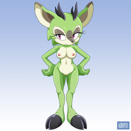 breasts eyelashes female fingers fur genitals green_body green_fur hooved_fingers hooves horn innie_vulva nipples nude nude_female pink_nipples purple_eyes simple_background solo vulva korps! third-party_edit archie_comics sega sonic_the_hedgehog_(archie) sonic_the_hedgehog_(comics) sonic_the_hedgehog_(series) clove_the_pronghorn humanoid mammal pronghorn 1:1 hi_res