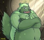 anthro belly big_belly black_nose cute_fangs fangs fur green_body green_fur humanoid_hands kemono male moobs overweight overweight_male solo teeth mtflying30371 gulonine mammal mustelid musteline wolverine 2016