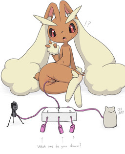 anthro anthro_penetrated band-aid band-aid_on_genitals band-aid_on_pussy bandage biped blush bodily_fluids cute_fangs fangs female female_anthro female_penetrated gun interrobang lamp looking_at_viewer open_mouth penetration ranged_weapon sex_toy sex_toy_in_vagina sex_toy_insertion simple_background sitting solo sweat sweatdrop teeth text tongue vaginal vaginal_penetration vibrator vibrator_in_vagina weapon hurai_of_kaki nintendo pokemon generation_4_pokemon lagomorph lopunny mammal pokemon_(species) 2026 absurd_res digital_drawing_(artwork) digital_media_(artwork) english_description english_text full-length_portrait hi_res portrait