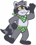 anthro briefs bulge clothing cute_fangs fangs fur green_briefs green_clothing green_underwear grey_body grey_fur humanoid_hands male one_eye_closed pattern_clothing pattern_underwear simple_background solo standing teeth underwear white_background wink colelucario goronic mammal procyonid raccoon 2020 digital_media_(artwork) full-length_portrait portrait