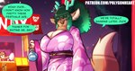 anthro asian_clothing big_breasts breasts brown_body brown_fur clothed clothing duo east_asian_clothing female fur green_hair hair hair_over_eyes japanese_clothing kimono solo_focus text polygonheart yusa_(polygonheart) canid canine deer fox hybrid mammal digital_media_(artwork) english_text url