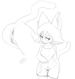 anthro anus biped cat_tail clitoral_hood clothed clothing clothing_lift dress dress_lift female front_view genitals hair inner_labia logo looking_aside navel panties panties_down partially_clothed presenting presenting_anus presenting_vulva simple_background slim slim_anthro slim_female solo text underwear underwear_down vulva white_background pokopokarea felid feline mammal 2026 artist_logo artist_name digital_drawing_(artwork) digital_media_(artwork) monochrome
