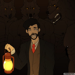 anthro balls barely_visible_balls barely_visible_genitalia beard black_body black_fur black_hair black_nipples bodily_fluids clothing crowded dark_room dominant dominant_anthro facial_hair fur genitals glowing glowing_eyes group growling hair holding_lantern holding_object lamp lantern looking_at_another looking_at_viewer male male/male muscular muscular_anthro muscular_male nervous nervous_smile nipples not_furry_focus realization size_difference smaller_male suit surrounded sweat sweatdrop vintage worried yellow_eyes depictionexpress mythology canid canine canis human mammal mythological_canine mythological_creature werecanid werecanine werecreature werewolf wolf 1:1 absurd_res hi_res