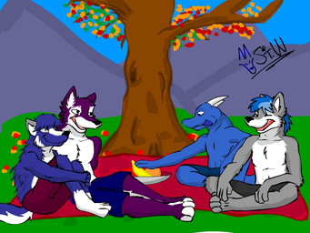 anthro autumn bedding blanket grass group leaf male male/male outside picnic plant shilotwolf mythology infinite owen_edwolf_(character) raysuko wolfywetfurr badger canid canine canis dragon hybrid mammal mustelid musteline mythological_creature mythological_scalie scalie wolf 4:3