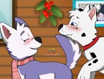 accidental_holly blue_eyes blush blush_lines cabin christmas_decorations collar duo female feral fur holidays holly_(plant) love male markings picture_frame plant purple_body purple_fur scarf smile sparkles sparkling_eyes spots spotted_body spotted_fur tail white_body white_fur window marvispot84 christmas paw_patrol fan_character sasha_(oc) spots_(oc_marvispot84) canid canine canis dalmatian dalsky_(dalmatian_and_husky) domestic_dog husky mammal nordic_sled_dog spitz absurd_res cel_shading hi_res shaded