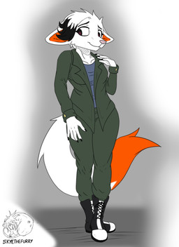 anthro black_hair black_nails brown_eyes clothing colored_nails duo female fur hair nails orange_body orange_fur pink_nose white_body white_fur white_hair allartskye jazmin_slystone arctic_fox canid canine fox mammal true_fox hi_res